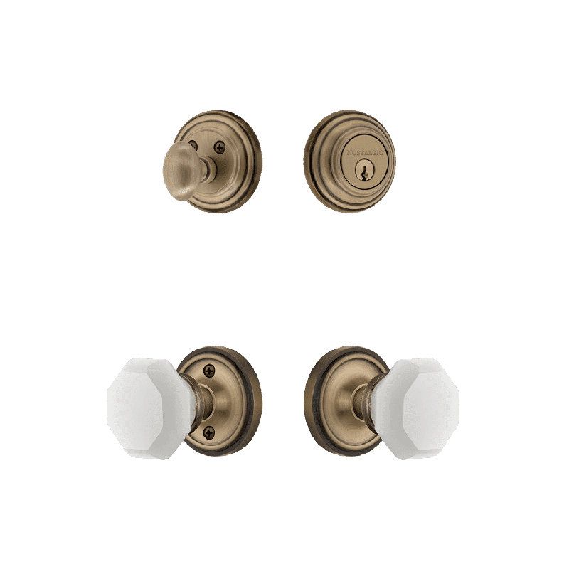 Nostalgic Warehouse Classic Rosette Entry Set with White Waldorf Crystal Knob, 2.375, Antique Brass