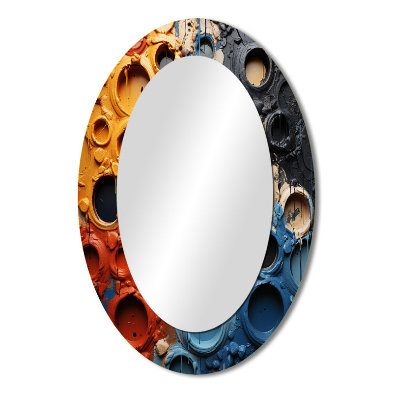 Orange And Blue Fluid Movements - Abstract Oval Decorative Mirror On Metal, 36" x 24"