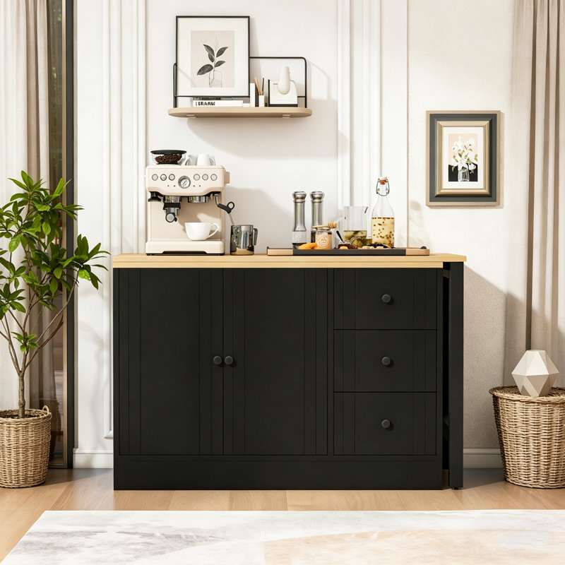 Buffet extensible 89,7 po en bois avec 2 portes et 3 tiroirs, armoire de rangement multifonctionnelle, Noir, naturel