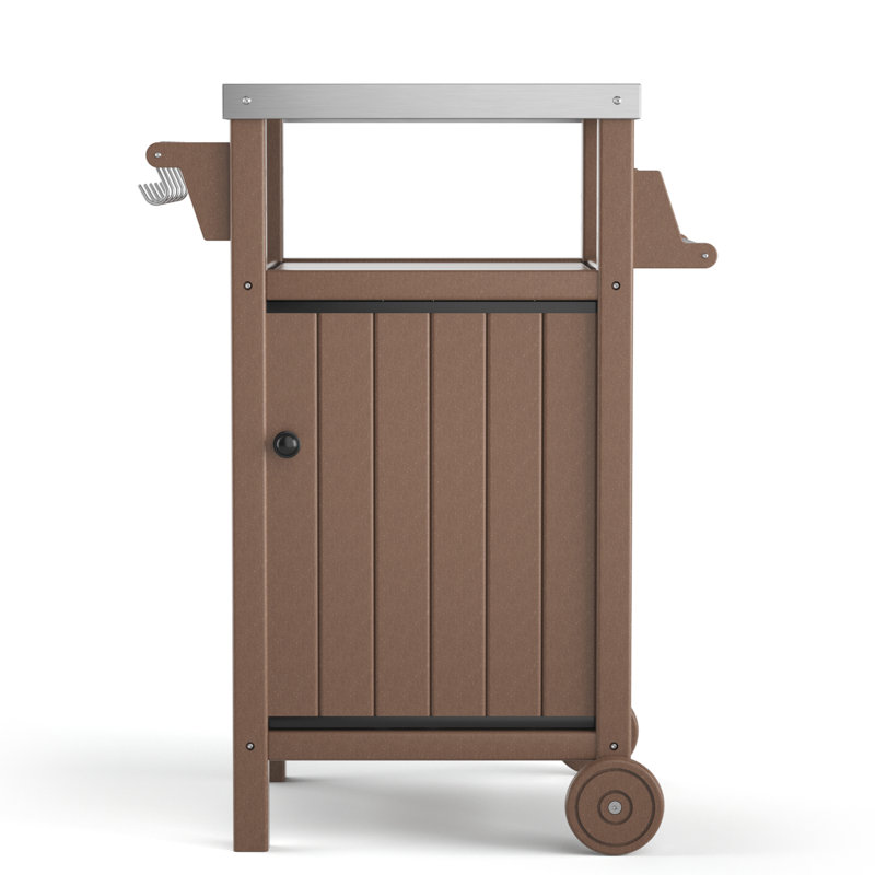 HDPE Barbecue Grill Trolley, Outdoor Prep Dining Table Serving Cart, Brown