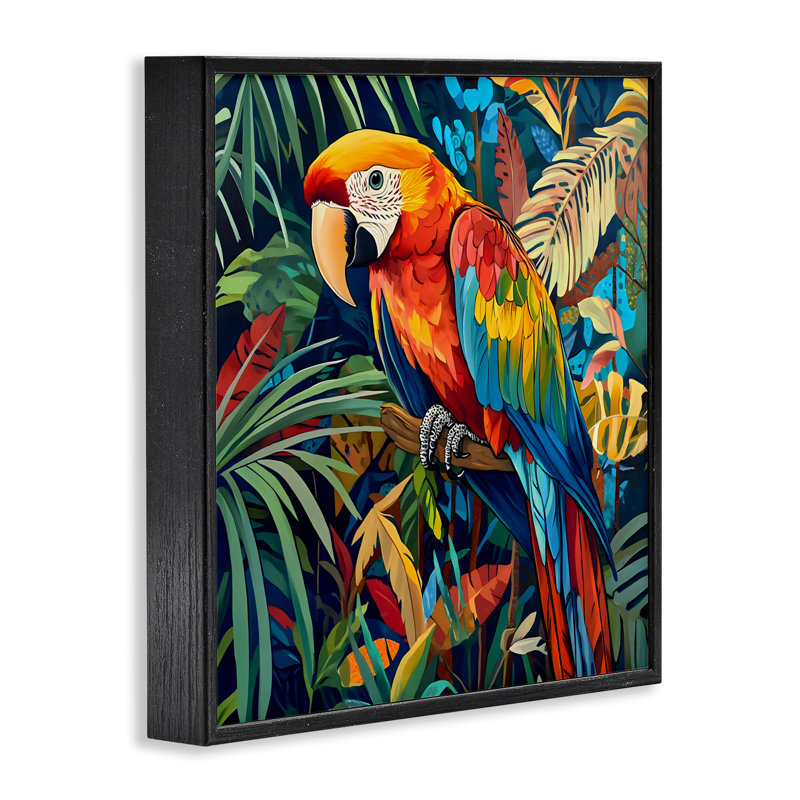 Perroquet de la jungle au milieu des feuilles, estampe numérique, design par LSR Design Studio, Giclée encadrée noir minuit