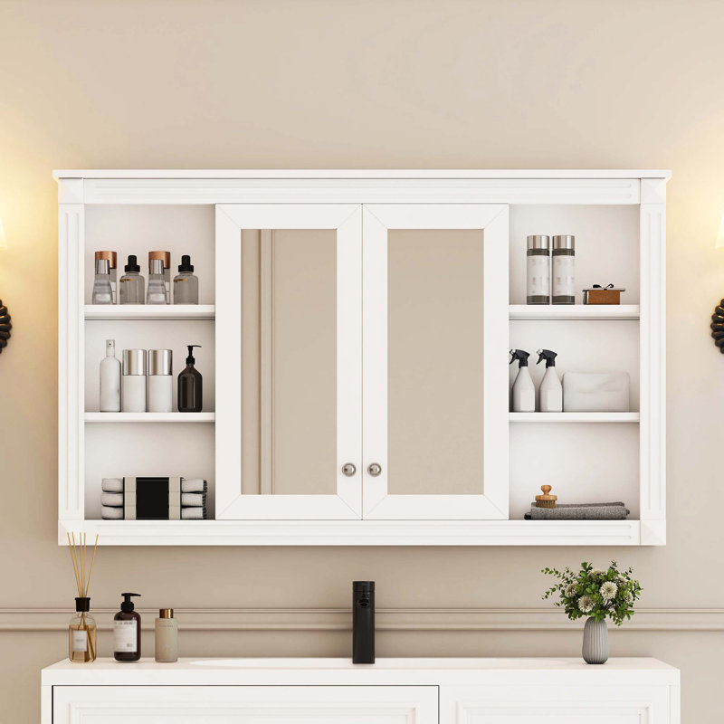 Armoire de rangement murale à miroir de 47 pouces, équipée d'une tablette réglable et d'une étagère ouverte, White