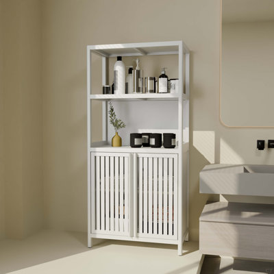 Armoire de rangement en bambou, armoire de salle de bain autoportante avec 2 portes, armoire de plancher pour le salon, la cuisine, le vestibule