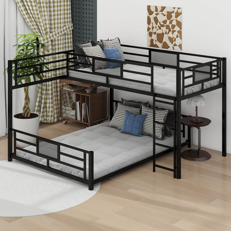  Arlia L-Shaped Metal Twin Over Full Size Bunk Bed, Black
