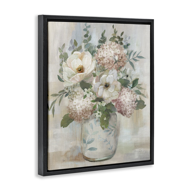 Bouquet d'hortensias et de magnolias, H 21 po x l 17 po, Cadre flottant noir de jais