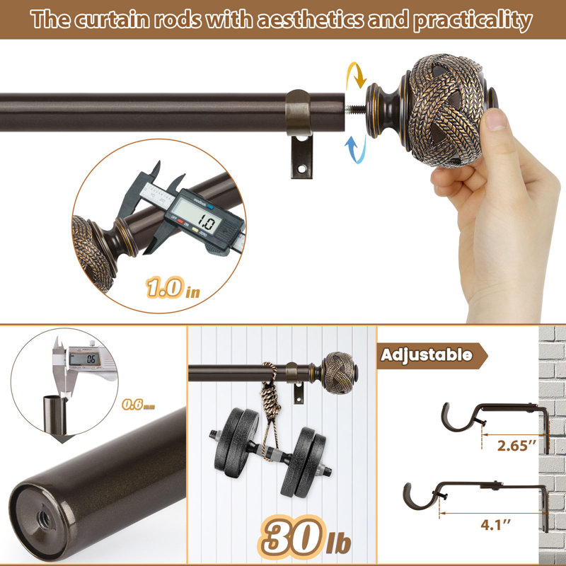 Pettitt Adjustable 1'' Single Curtain Rod, 1" H x 31" W x 1" D, Antique Bronze