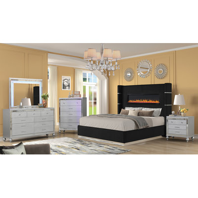Ensemble de chambre avec grand lit en bois 5 pièces Lizzelle Upholstery