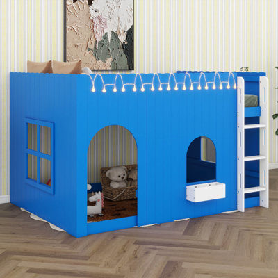 Lit mezzanine avec espace de jeu sous le lit, lit mezzanine pour enfants avec guirlande lumineuse à DEL, conception de maison en bois avec fenêtre