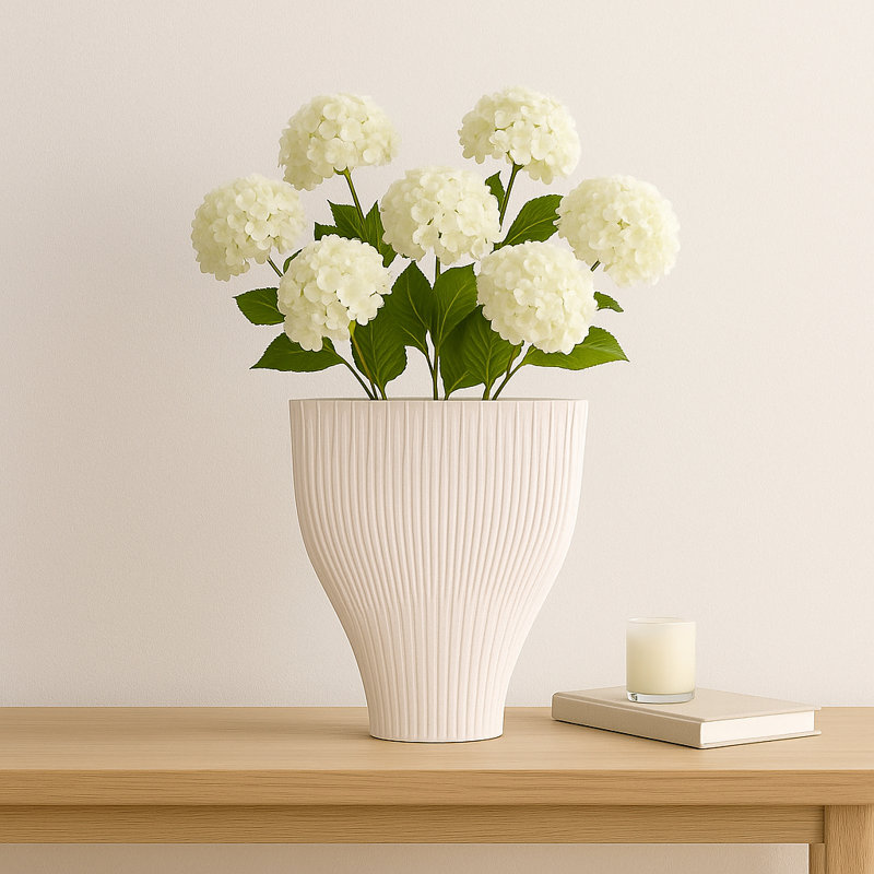 Sculptural Fluted Stoneware Porcelain 3D Print Flower Vase for Home Decor - Modern Tall Structure for Side Table Styling - Ivory & Tan