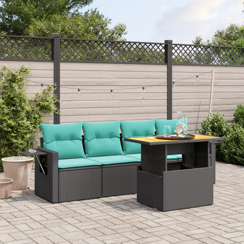 Ensemble de canapés de patio 5 pièces avec coussins d'extérieur en rotin de poly noir compact et durable