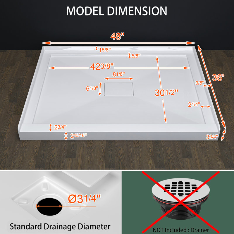 48 X 36 In. Single Threshold Acrylic Shower Base With Center Hidden Square Drain In White