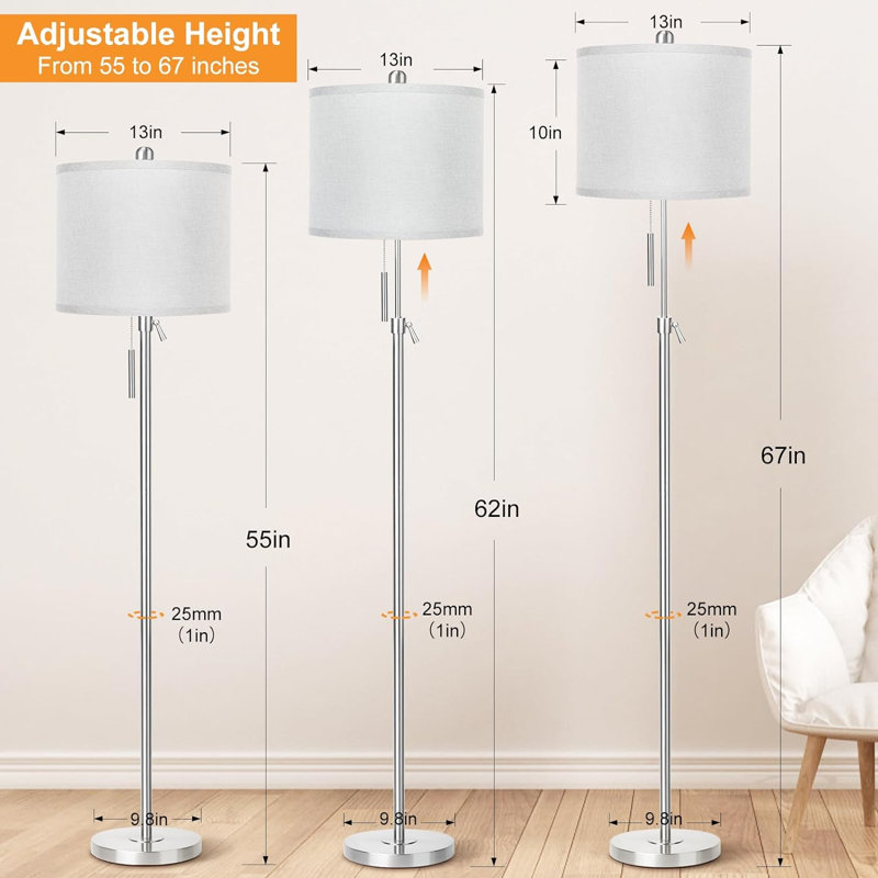 Floor Lamp For Living Room Adjustable Tall Standing Lamp, 3-Way Dimmable Floor Lamp For Bedroom Office, Black Gold Lamp With Marble Base And White Linen Shade, 6W 3000K LED Blub Included