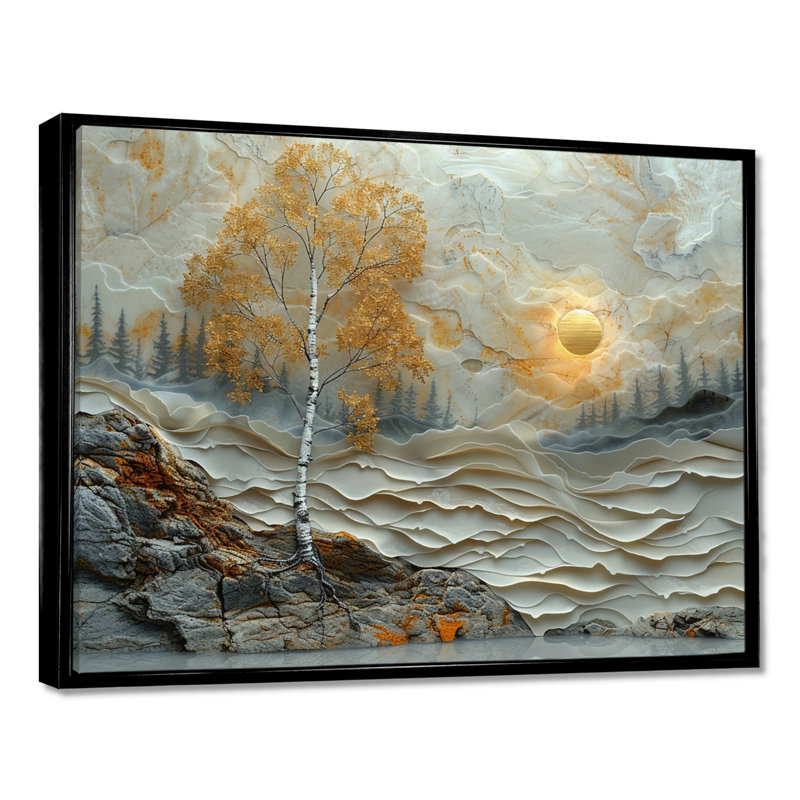 Coucher de soleil doré, automne, bouleau sauvage, rivière argentée - arbre, décoration murale, H 34 po x l 44 po