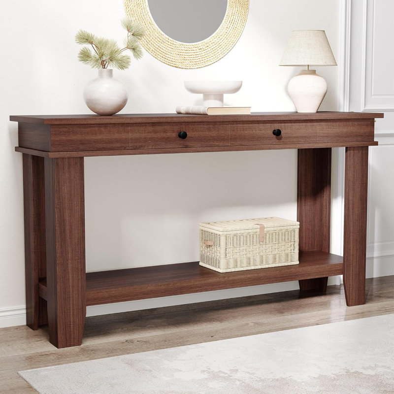 Console 54 po avec tiroirs et tablette ouverte, canapé rectangulaire en bois pour hall d'entrée, Brun