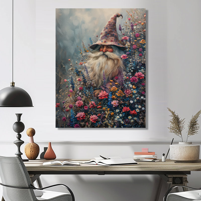 Gnome rose et rose au printemps, H 24 po x l 32 po, Toile tendue