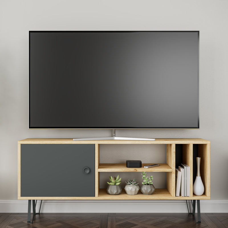 Meuble télé moderne avec option de fixation murale, chêne avec anthracite, 47,2 po x 9,8 po x 20,3 po | 100% panneau de particules enduit de mélamine, épaisseur: 0,7 pouce | Comprend plusieurs tablettes pour le divertissement organisé