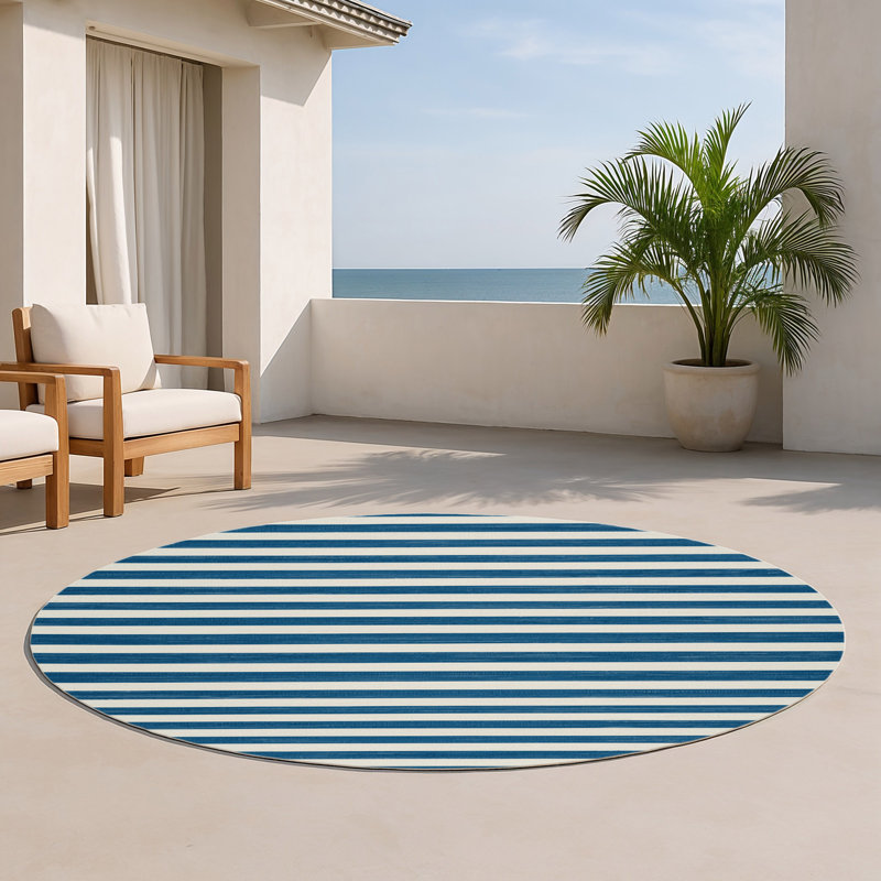 HorizontalStripes Blue Indoor and Outdoor Area Rug, Round 5'