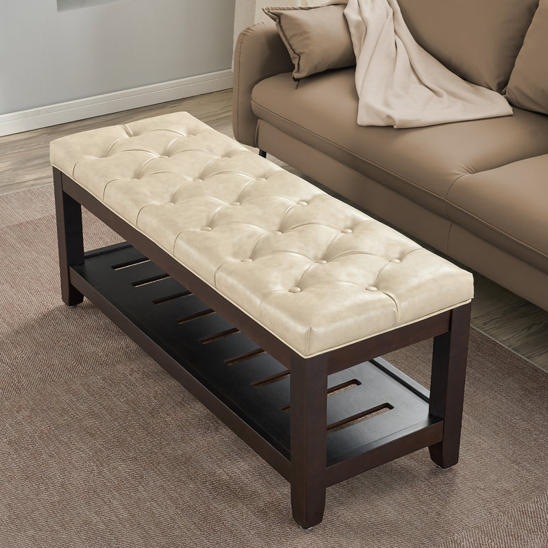 44" Wide Tufted Rectangle Cocktail Ottoman With Storage Tray, Beige Faux Leather