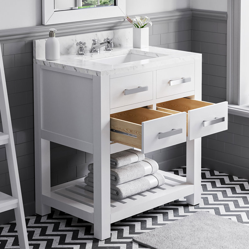 Doucette 30" Single Bathroom Vanity Set with Carrara White Marble Top, Pure White, No