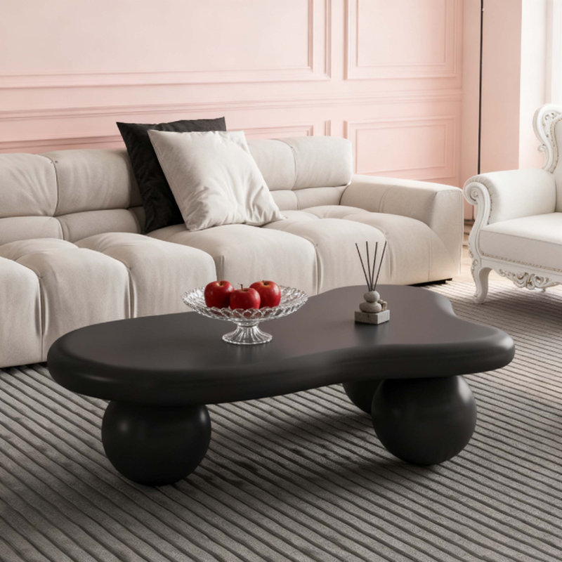 Table basse de 40 pouces en forme de nuage avec 3 pieds sphériques pour le salon, noir, Noir, Noir