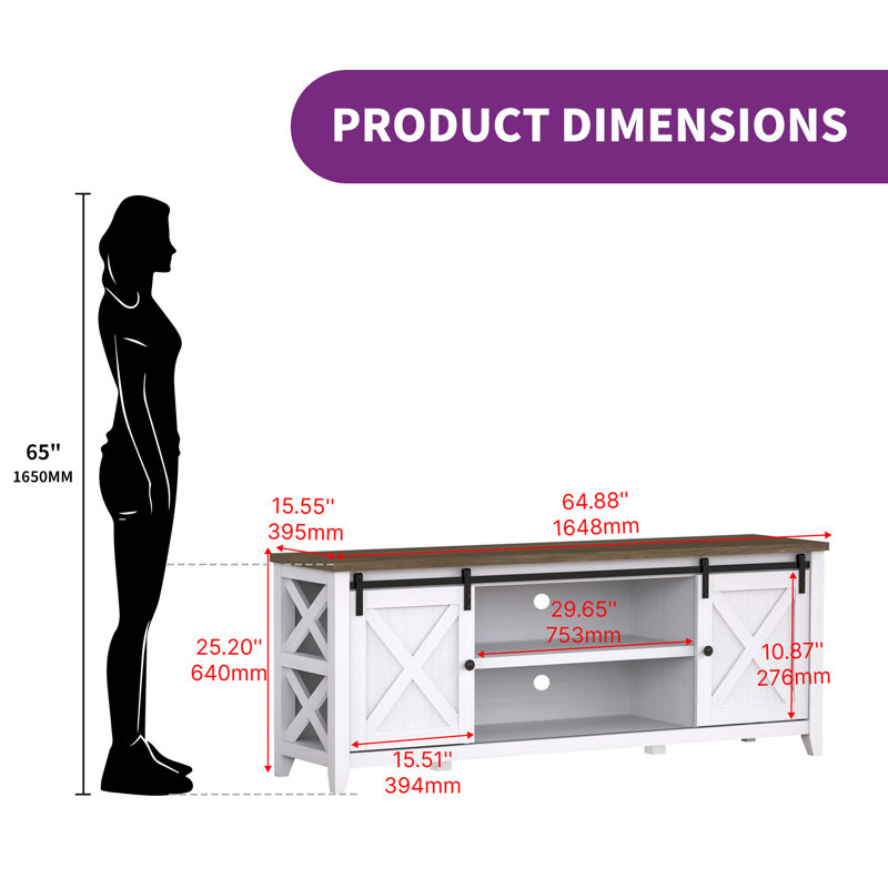 Farmhouse 2-Barn Door TV Stand for TVs up to 65", Entertainment Center TV Console, White