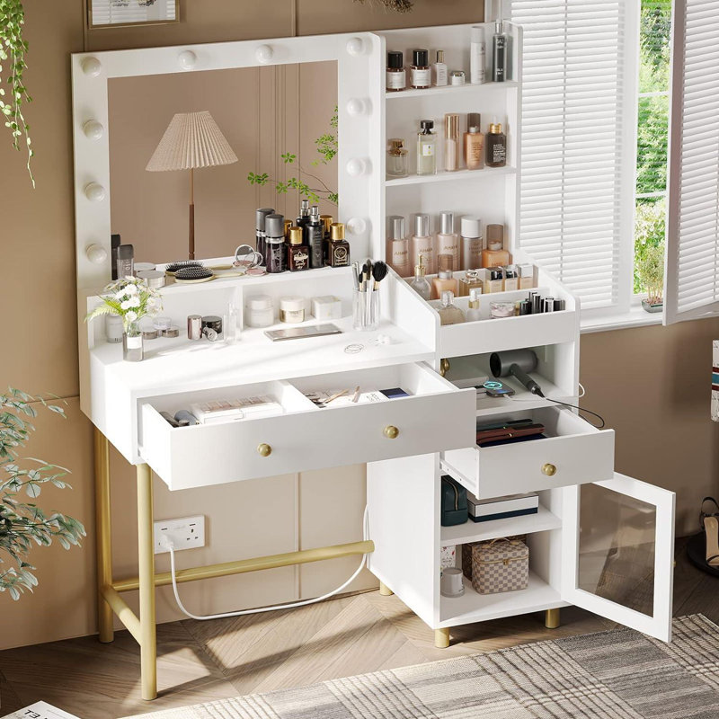 Makeup Vanity Desk with Mirror & 3 Light Colours Available, Modern Bedroom Dressing Table, White, White