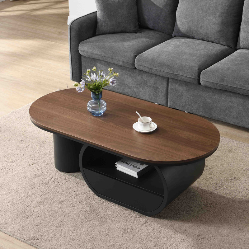 Table basse ovale de luxe industrielle, table basse de 47,24 po avec tiroir de rangement, centre de table en métal noir