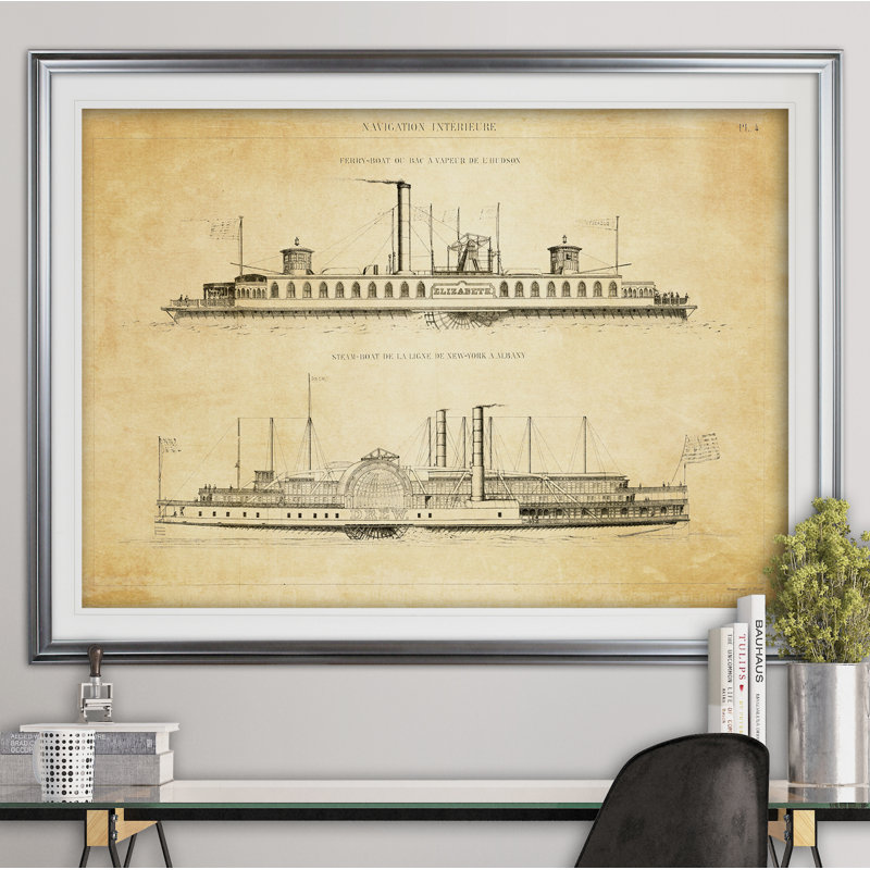 « rétro italien steamboat stencil i », impression, H 18 po x l 27 po x P 1,5 po, Cadre argenté