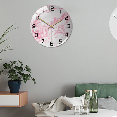 11.8" Round Marble Wall Clock Three-Dimensional Clock Home Decorations For Living Room Kitchen Bedroom Office Wall Decor, Pink
