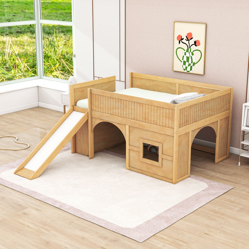 Wood Low Loft Bed with Slide and Storage Shelves, Natural