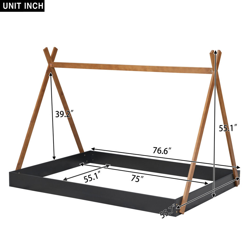 Lit double pour enfant avec structure triangulaire, lit plateforme en bois massif, lit pour tout-petit sécuritaire et robuste