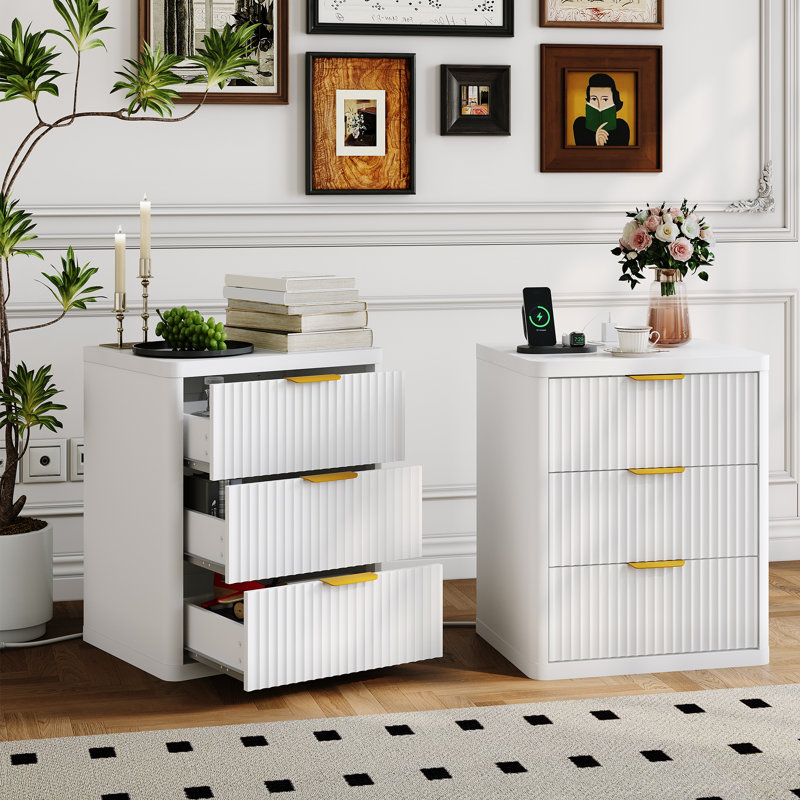 1 Pack/ 2 Pack Fluted Wood Nightstand with Charging Station, 1/2/3 Drawers, USB & Type-C Ports, Elegant Modern Vintage Side Table