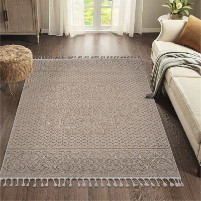5x7 Beige Area Rug - Contemporary Medallion Pattern For Home Stain And Non-shedding Pet Easy To Clean & Lasting Medium Pile Cotton Backing Latex- Stylish Interiors Approved Simple Maintenance