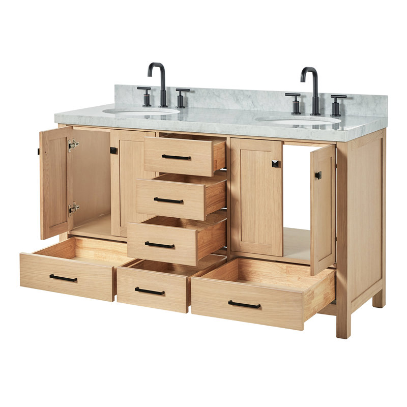 Cambridge Double Bathroom Vanity with Carrara Marble Top, Oak