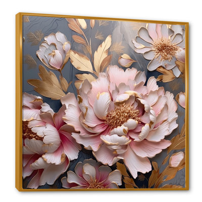 " Retro Pink Peonies Golden Leaves "