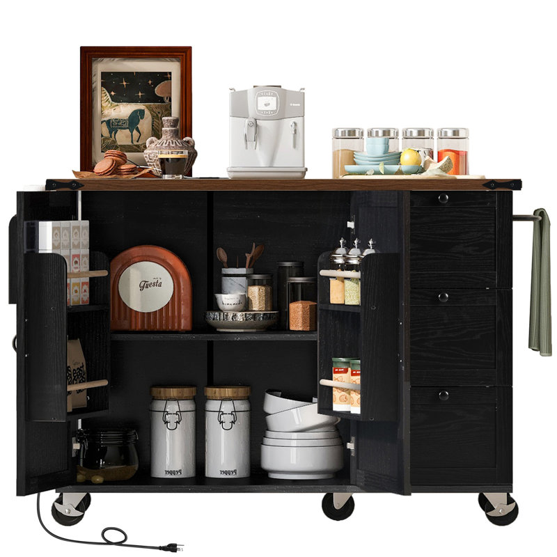 54.5" Farmhouse Kitchen Island With Power Outlet, Kitchen Storage Island  With Internal Storage Rack, Drop Leaf, Spice Rack, Rolling Kitchen Cart On Wheels, For Home, Kitchen And Dining Room,Black