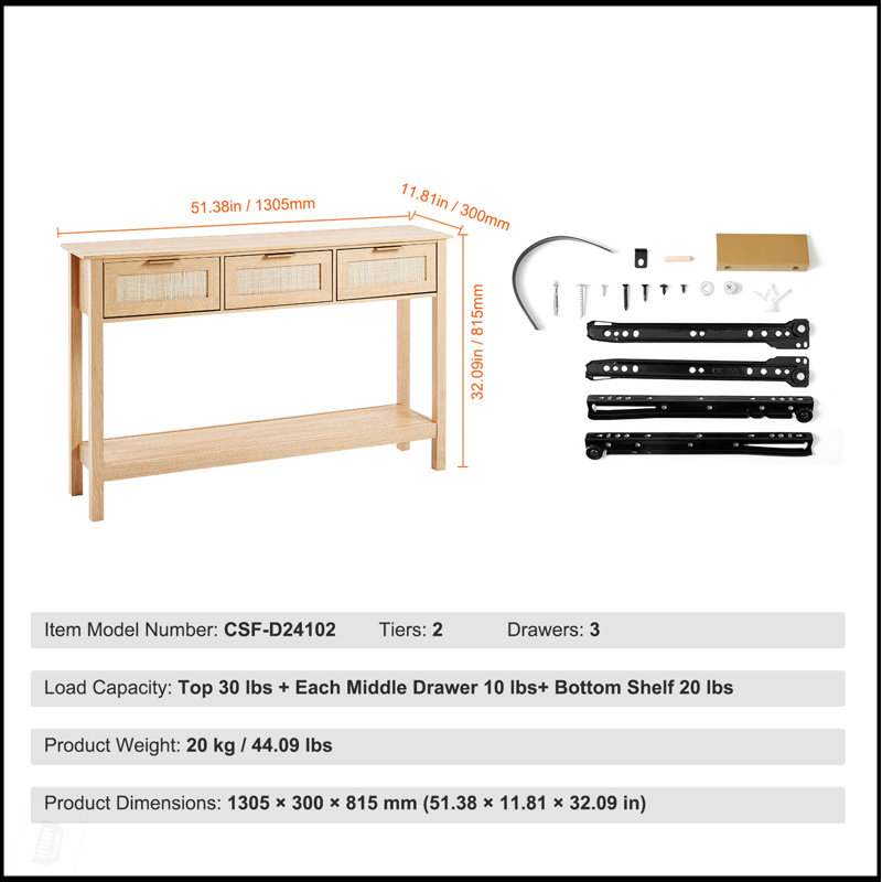 Console en rotin avec 3 tiroirs de rangement, porte coulissante en rotin naturel, parfaite pour le salon et le vestibule