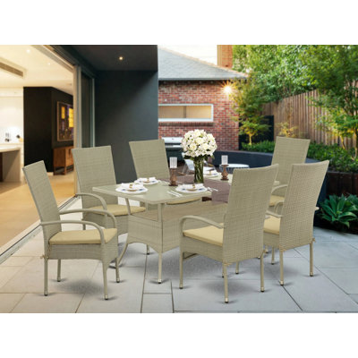 Ensemble de 7 pièces de mobilier d'extérieur en osier composé d'une table de salle à manger rectangulaire avec plateau en verre et 6 fauteuils de balcon avec coussin, lin naturel