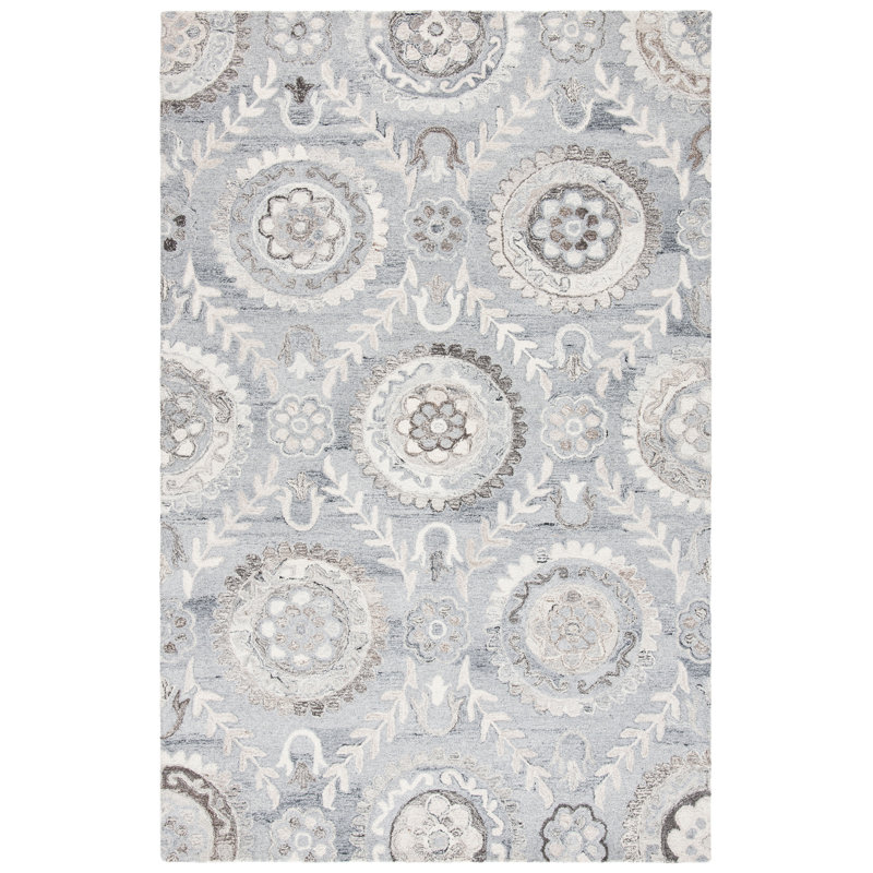 Tapis floral en laine et coton touffeté à la main avec tissu en latex Roussel, Rectangle 6 pi x 9 pi