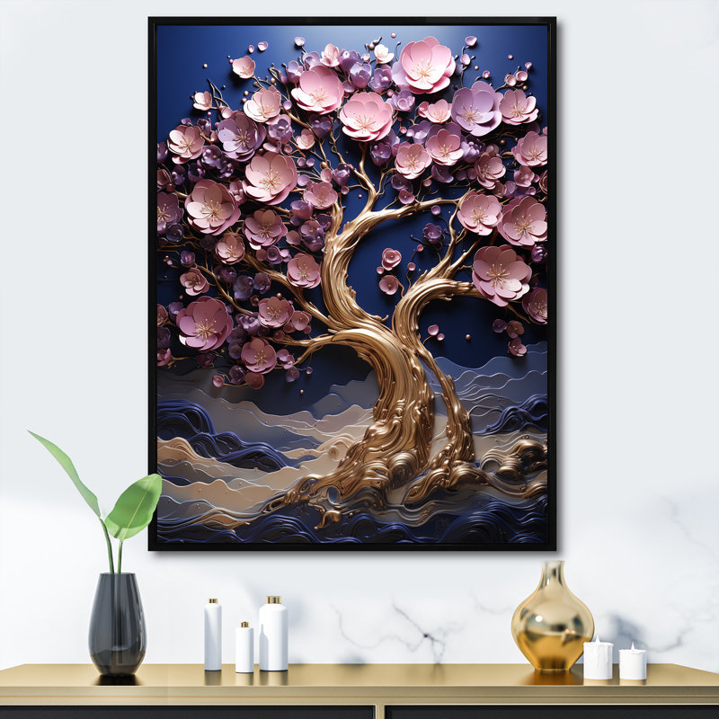 Orchidée dorée, jardin de branches III - art mural arbre, Black Picture Framed, H 20 po x l 12 po