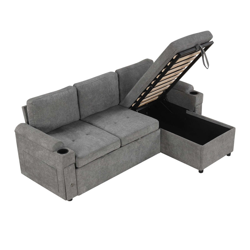 83.5" L-Shaped Sofa Couch Convertible Sofa Bed Sectional Sofa With Ample Storage Space, Two Cup Holders And Two USB Ports For Living Room