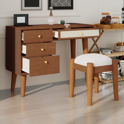 Ensemble de coiffeuse à maquillage en bois rétro avec prise de charge, port USB, tabouret, 3 tiroirs de rangement et 1 tiroir en rotin