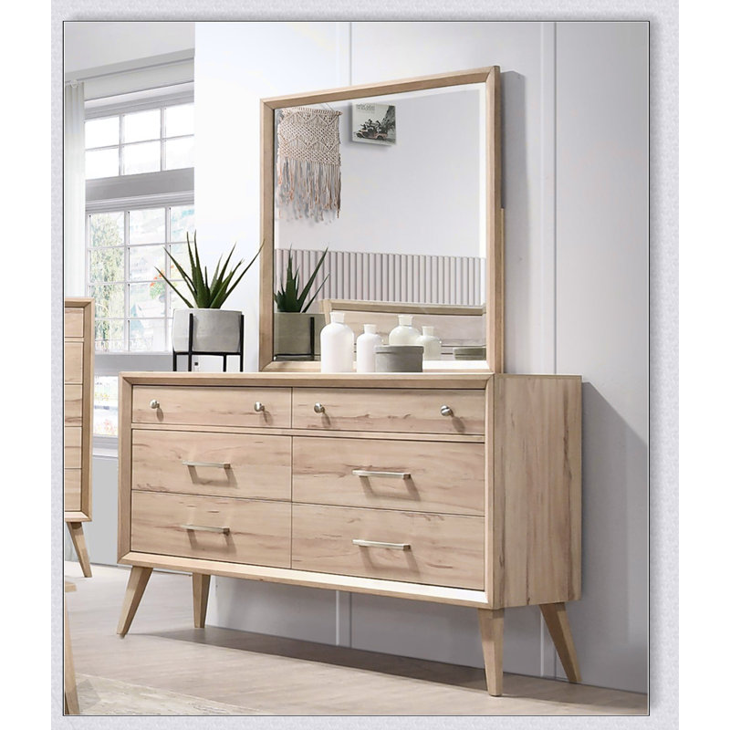 Commode à 6 tiroirs de style classique avec finition chêne naturel, design Mid-Century moderne pour un rangement élégant