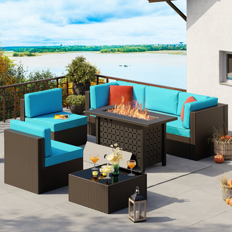 Ensemble de patio d'extérieur en rotin 7 pièces avec foyer, Bleu