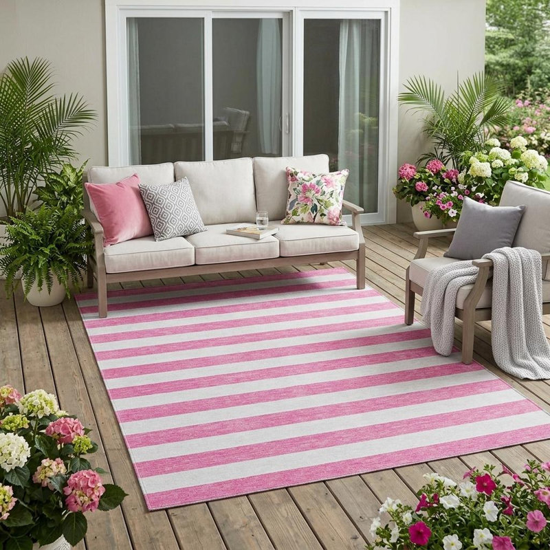Tapis intérieur lavable antidérapant à rayures roses et blanches 5 pi x 8 pi