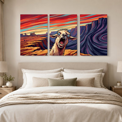 Screaming Llama in Red Rock Canyon Desert Landscape Set Of 3 Canvas Wall Art