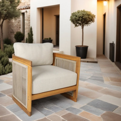 Guzal Acacia Wood Rope Weaving Patio Outdoor Single Sofa With Cream Cushions by Gracie Oaks