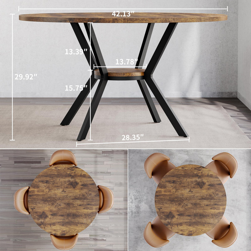 Table de salle à manger rustique 42 po pour 4 personnes avec rangement et pieds en métal, Brun rustique