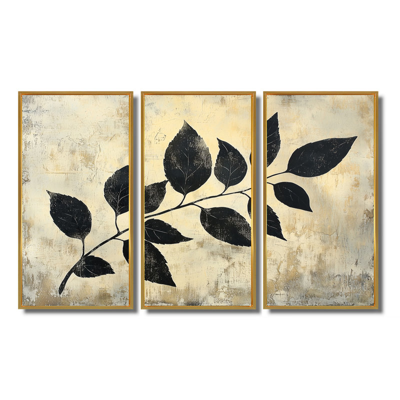 Feuilles noires, ombre, silhouette V - art mural feuilles - ensemble de 3, H 40 po x l 60 po, Doré