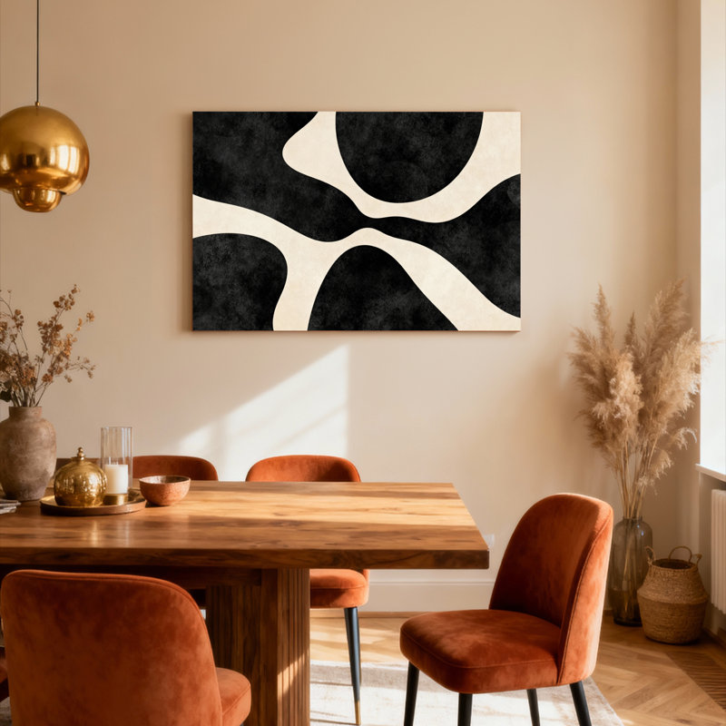 Ensemble de 1 tableau sur toile tendue à motif géométrique abstrait noir et crème, H 12 po x l 18 po
